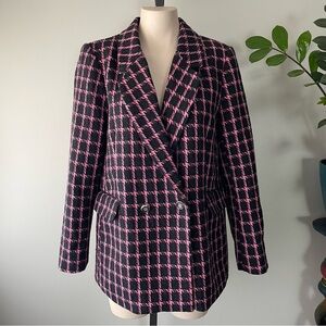 Rachel Zoe Wool Blend Plaid Blazer Jacket Houndstooth Pink Black Size Large NWT